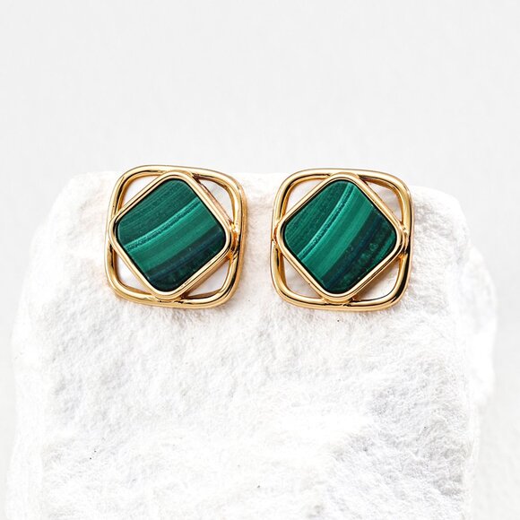 Handmade Jewelry - 💚 Artisan Original Design Geometric Malachite Stud Earrings | S925